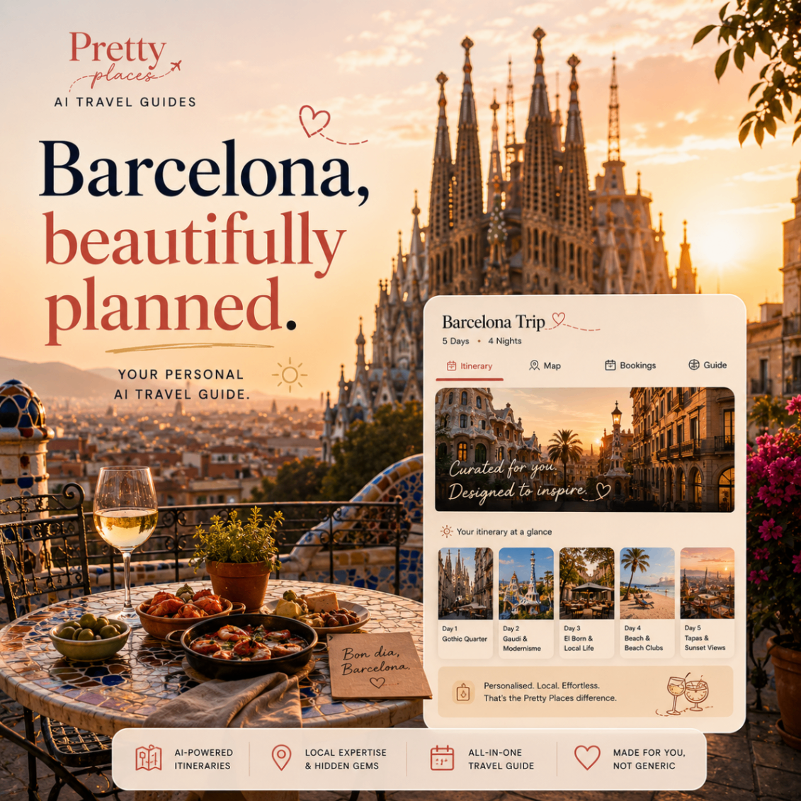 Barcelona, beautifully planned — Pretty Places AI travel guide cover
