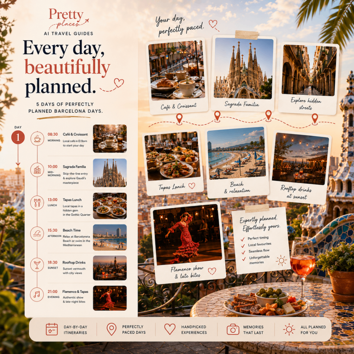 Every day, beautifully planned — curated Barcelona day-by-day itinerary