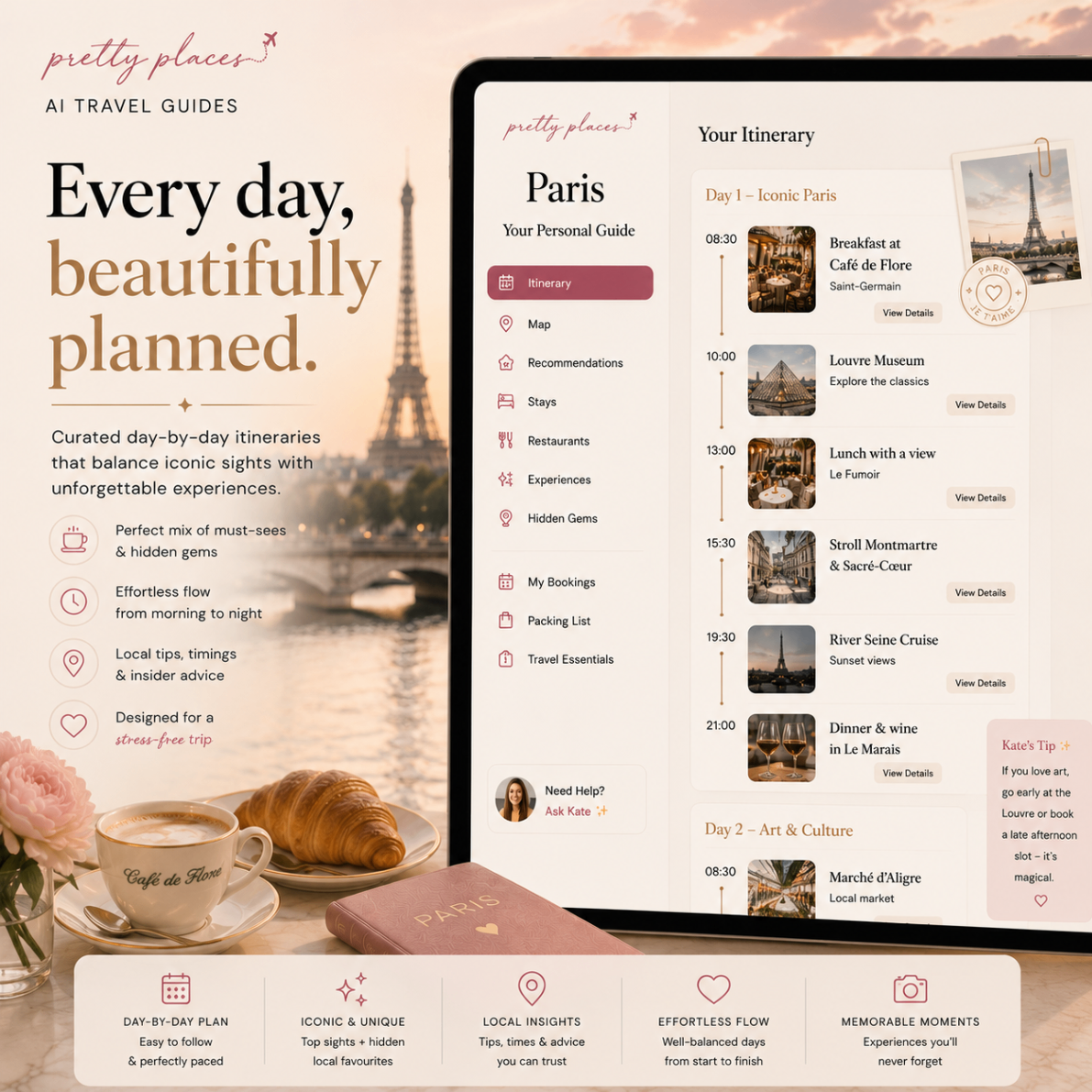 Every day, beautifully planned — curated Paris day-by-day itinerary