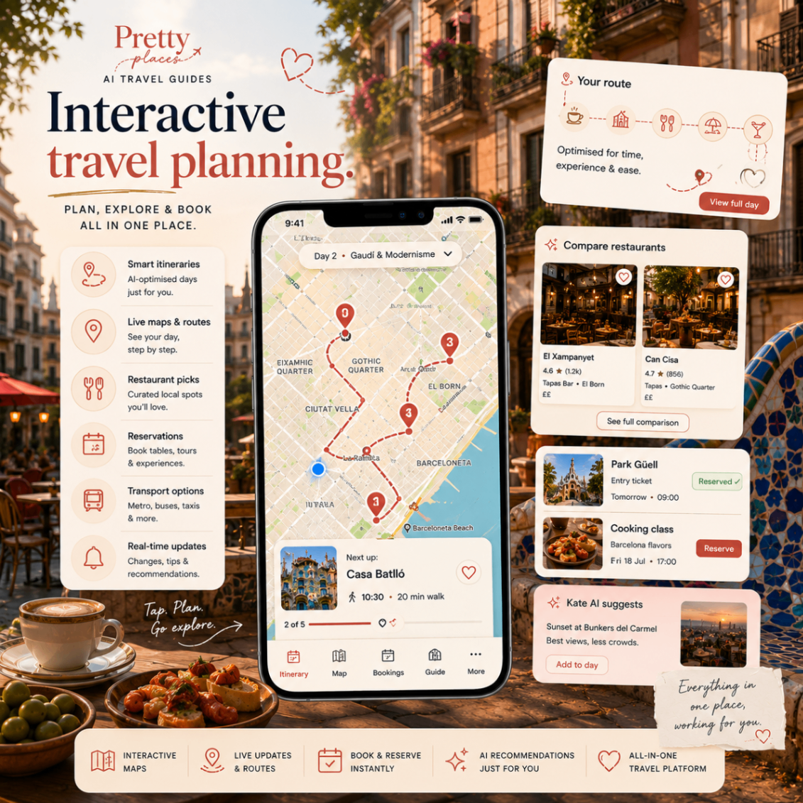 Interactive travel planning for Barcelona — maps, bookings and itinerary in one place