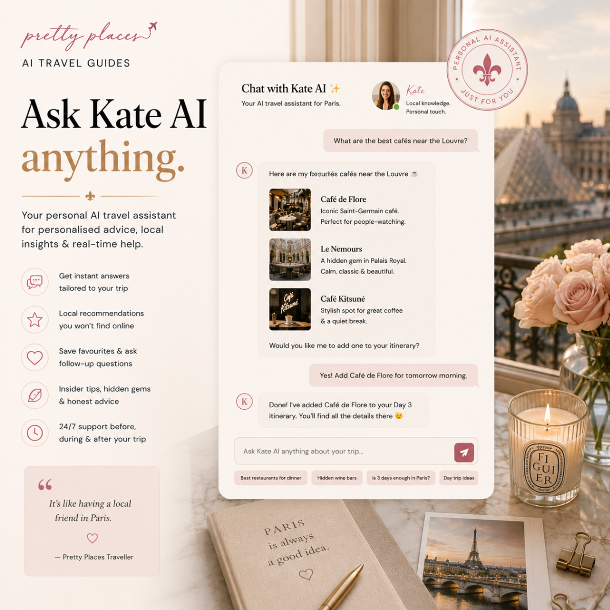 Ask Kate AI anything — your Paris travel assistant for local advice