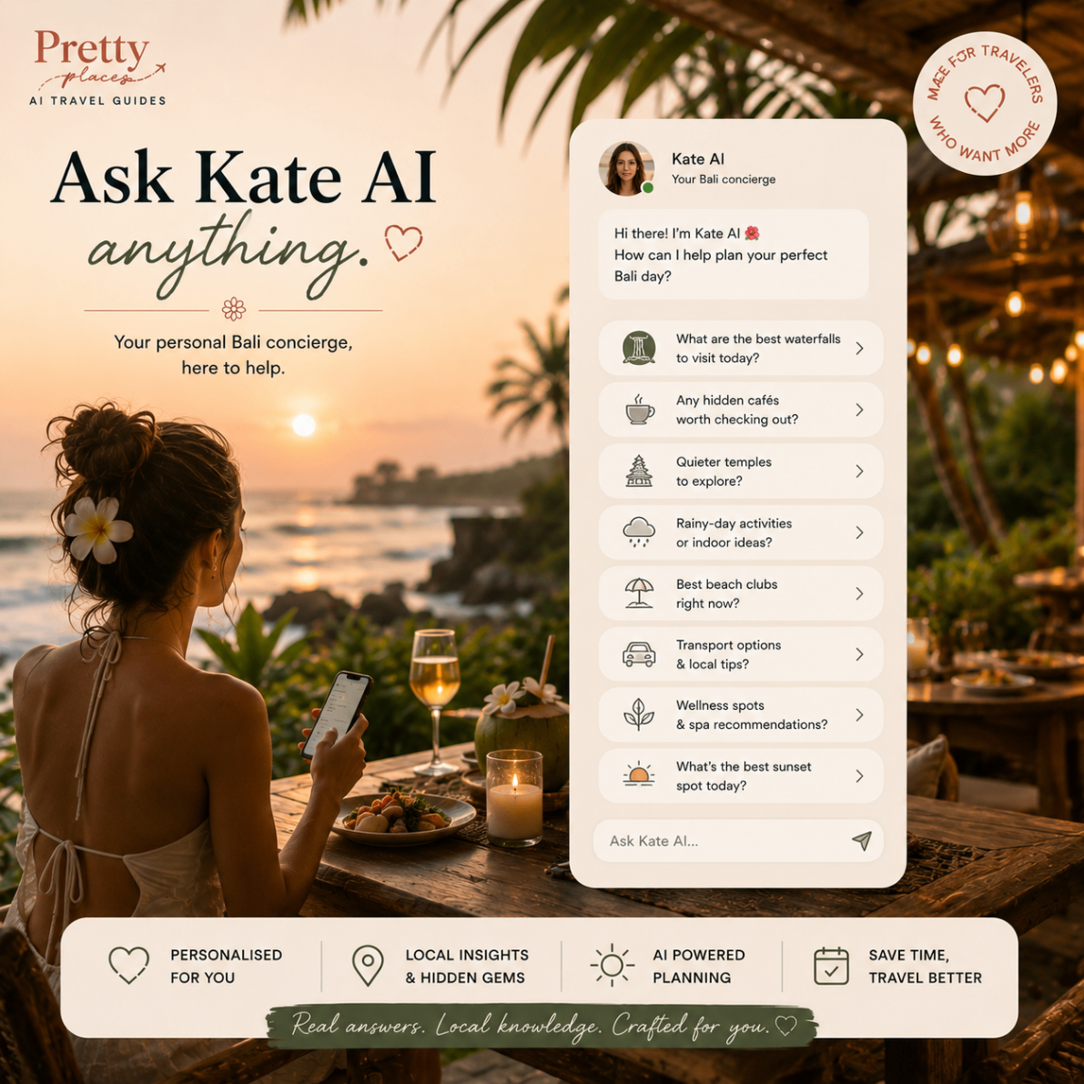 Ask Kate AI anything — your personal Bali concierge