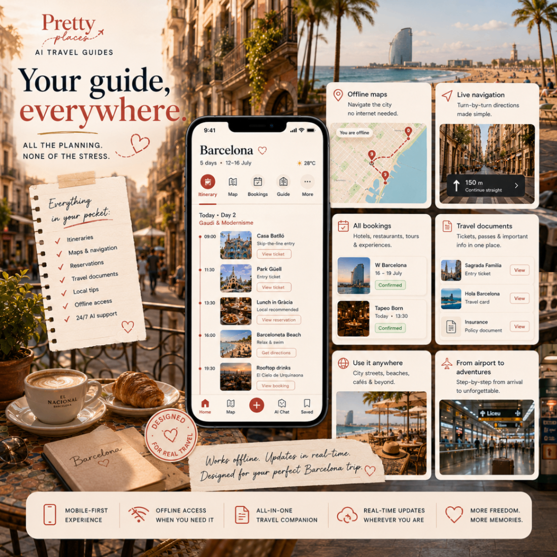 Your guide, everywhere — offline access to your Barcelona trip