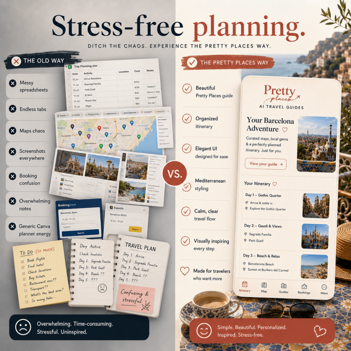 Stress-free planning — chaotic tabs vs a beautiful Barcelona guide