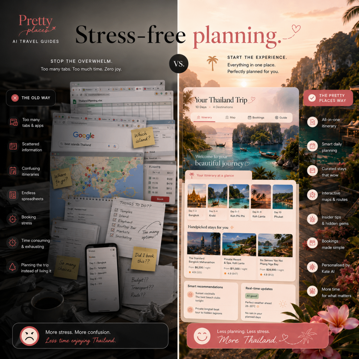 Stress-free planning — chaotic tabs vs a beautiful Thailand guide
