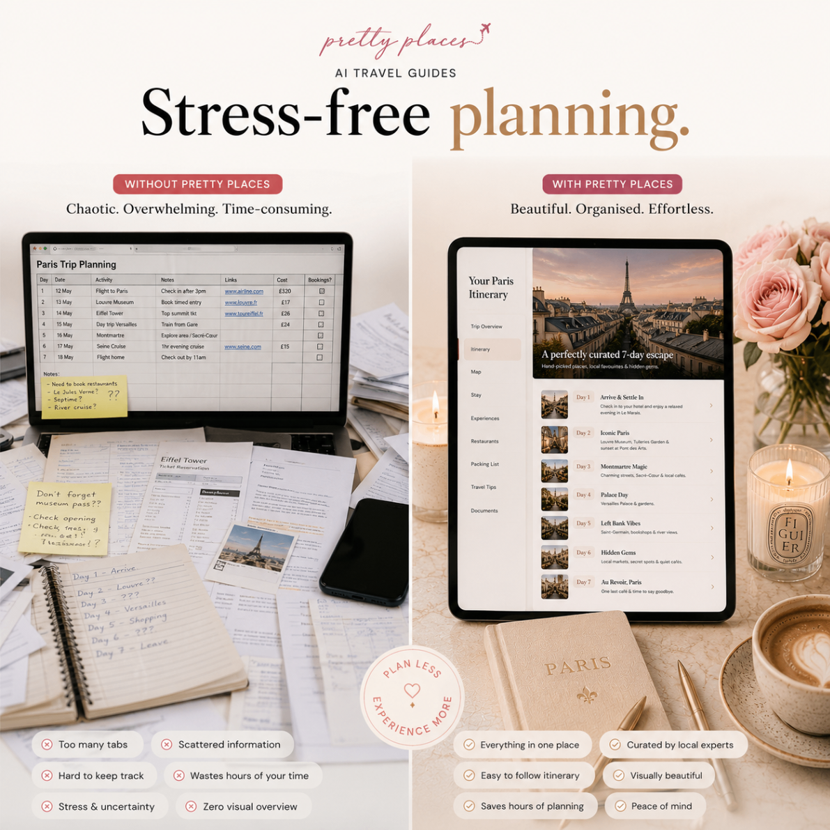 Stress-free planning — compare chaotic trip planning with a beautiful Paris guide