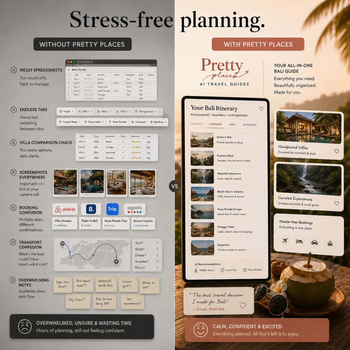 Stress-free Bali planning — messy tabs vs a beautifully organised guide