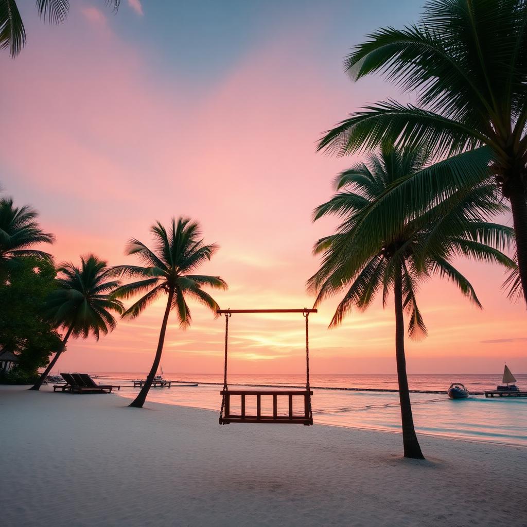Bali beach with palm trees and wooden swing at sunset