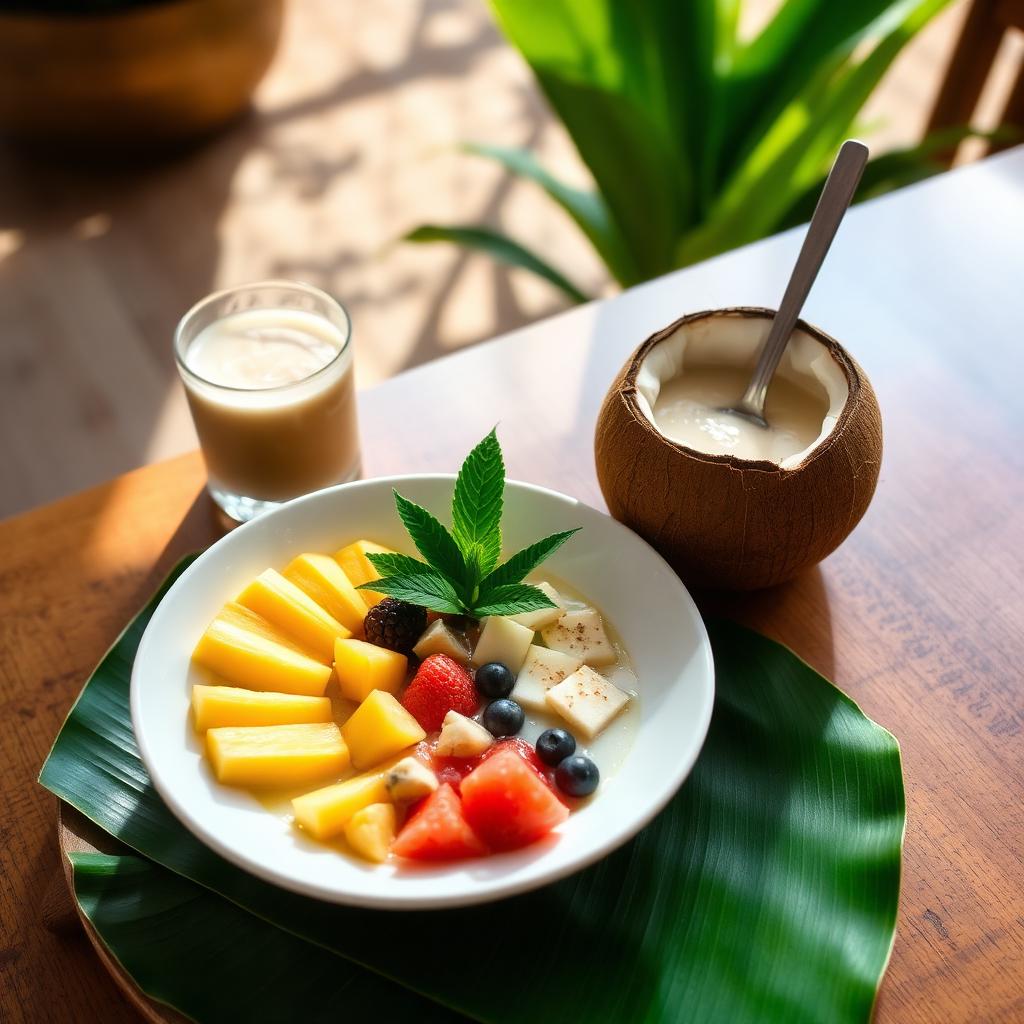Tropical Balinese breakfast with fruit, coconut and smoothie bowl