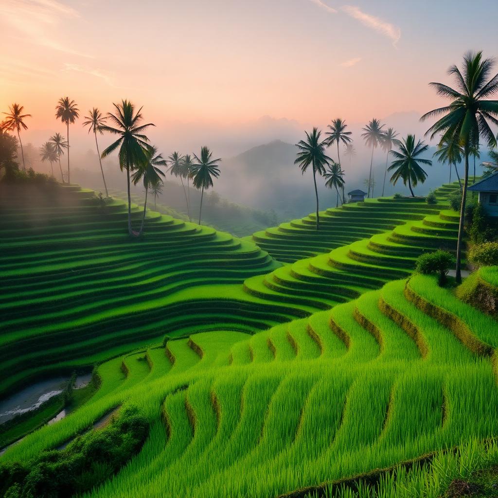 Tegallalang rice terraces at sunrise with palm trees and mist