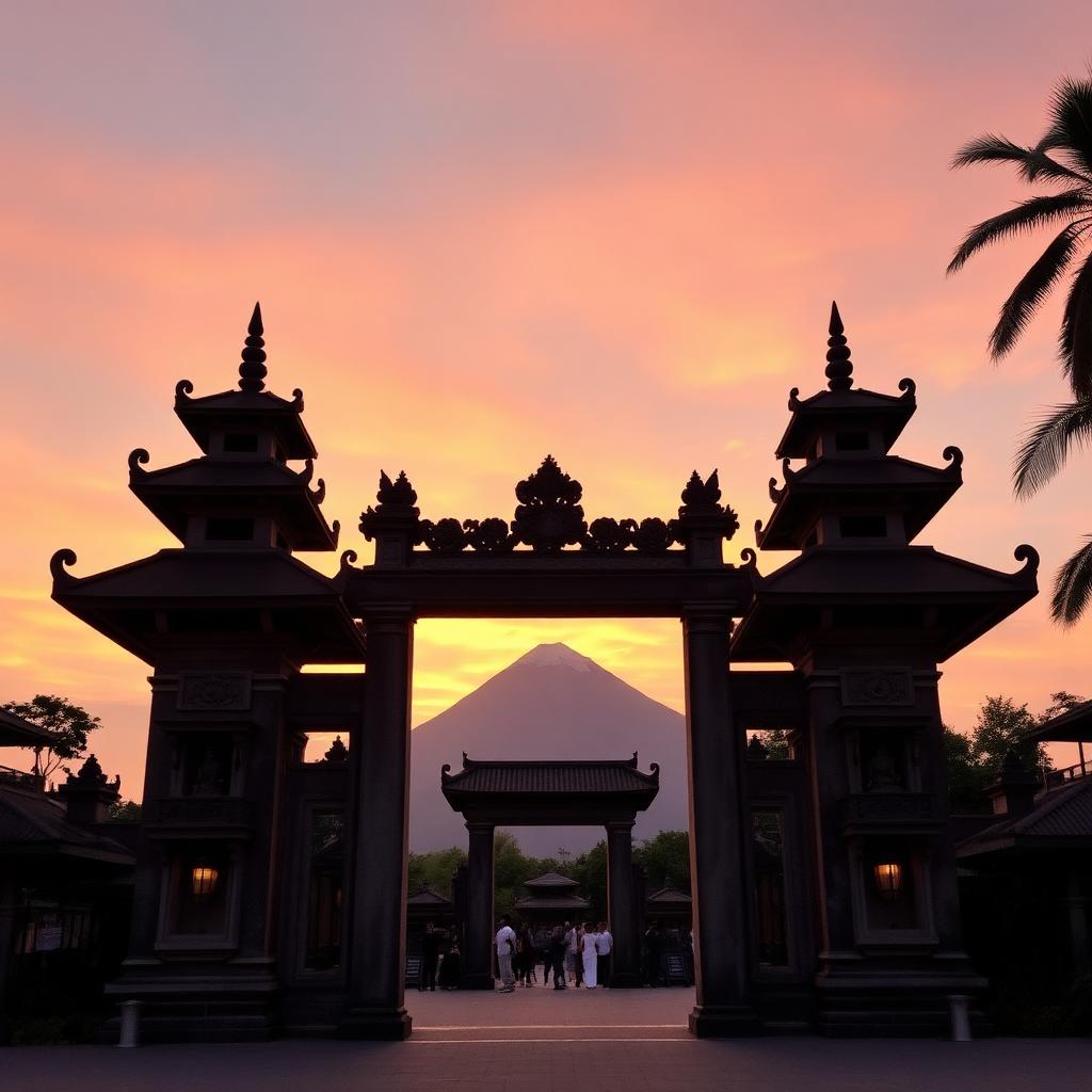 Balinese temple gate silhouetted against pink sunset sky