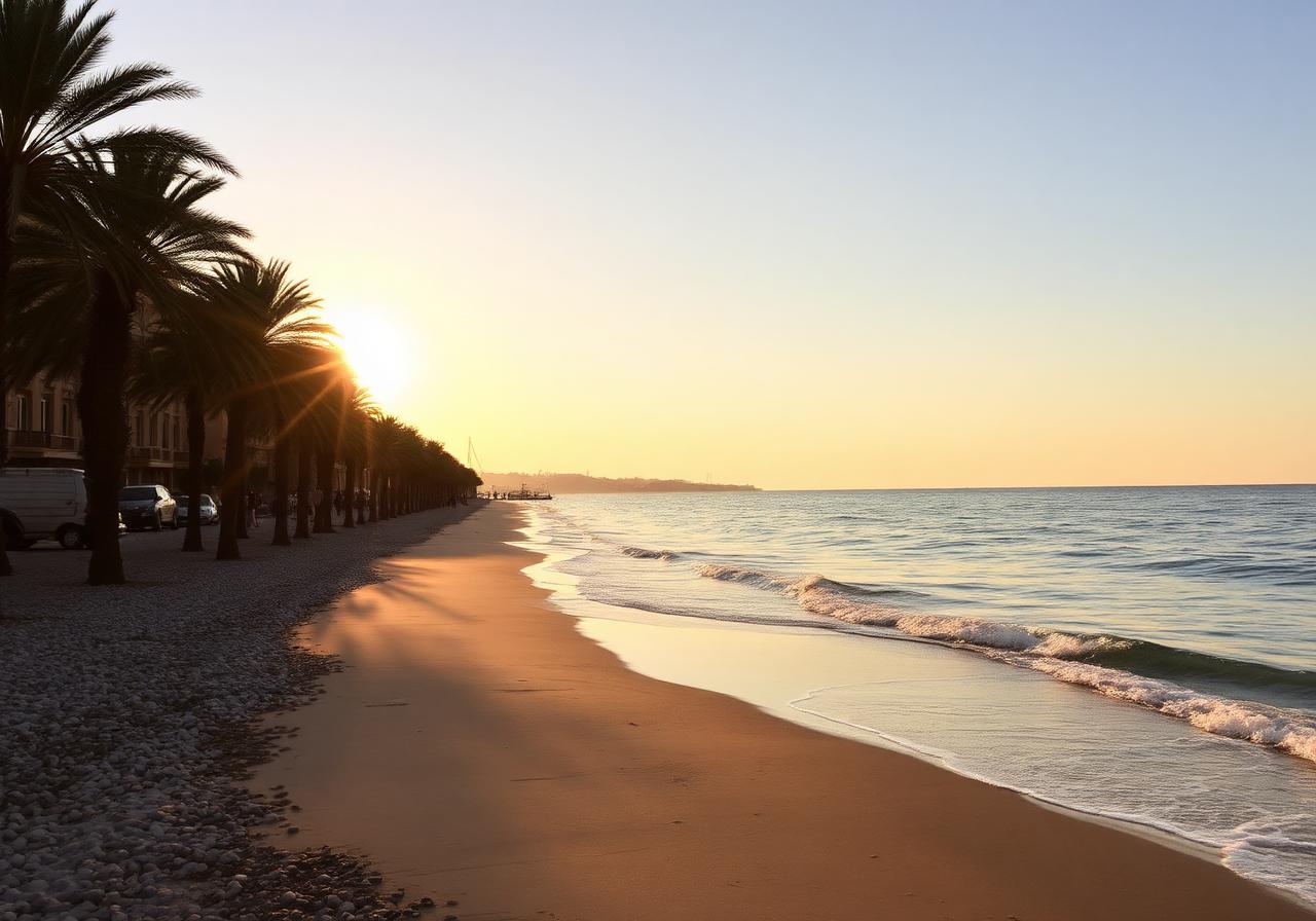 Palm-lined Barceloneta beach at sunset