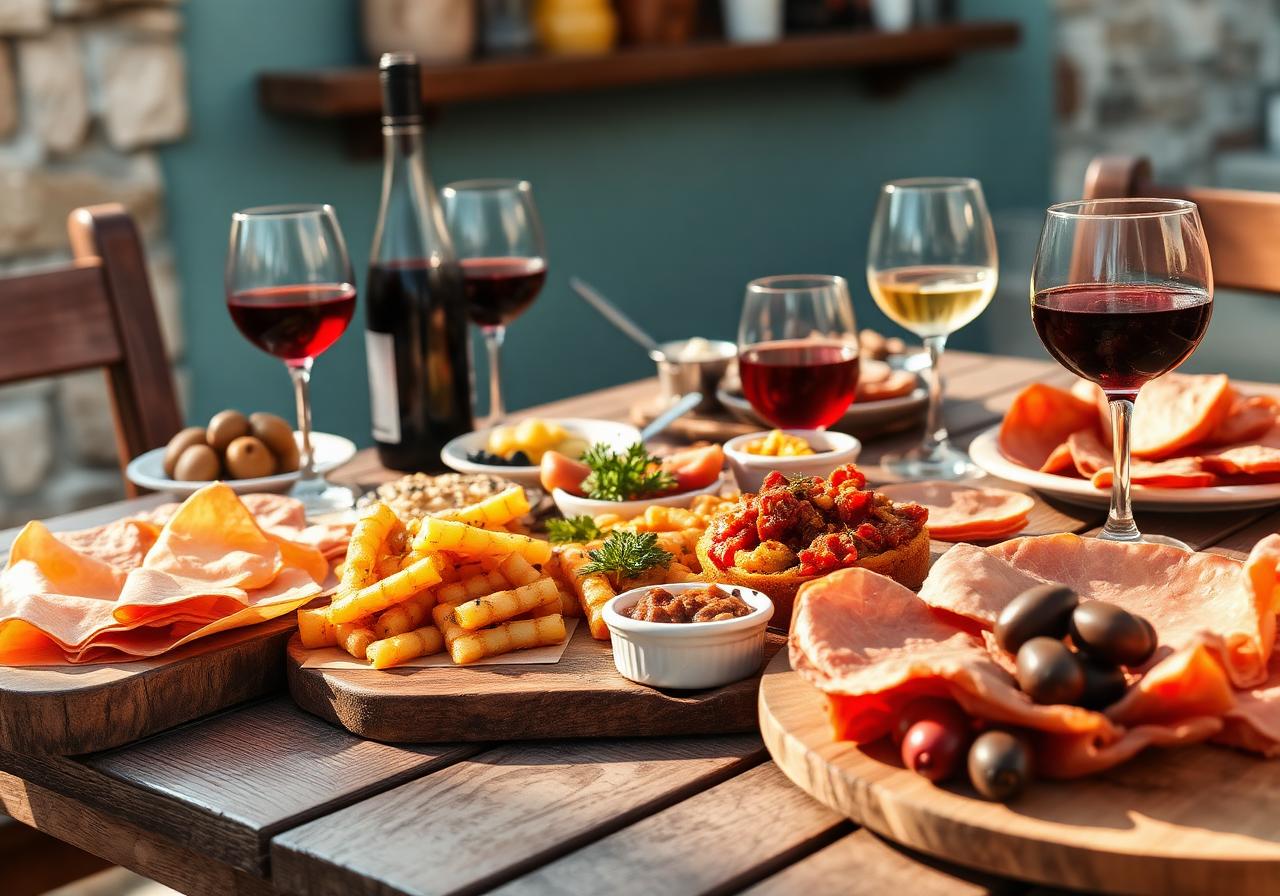 Spanish tapas spread with wine, jamón and olives