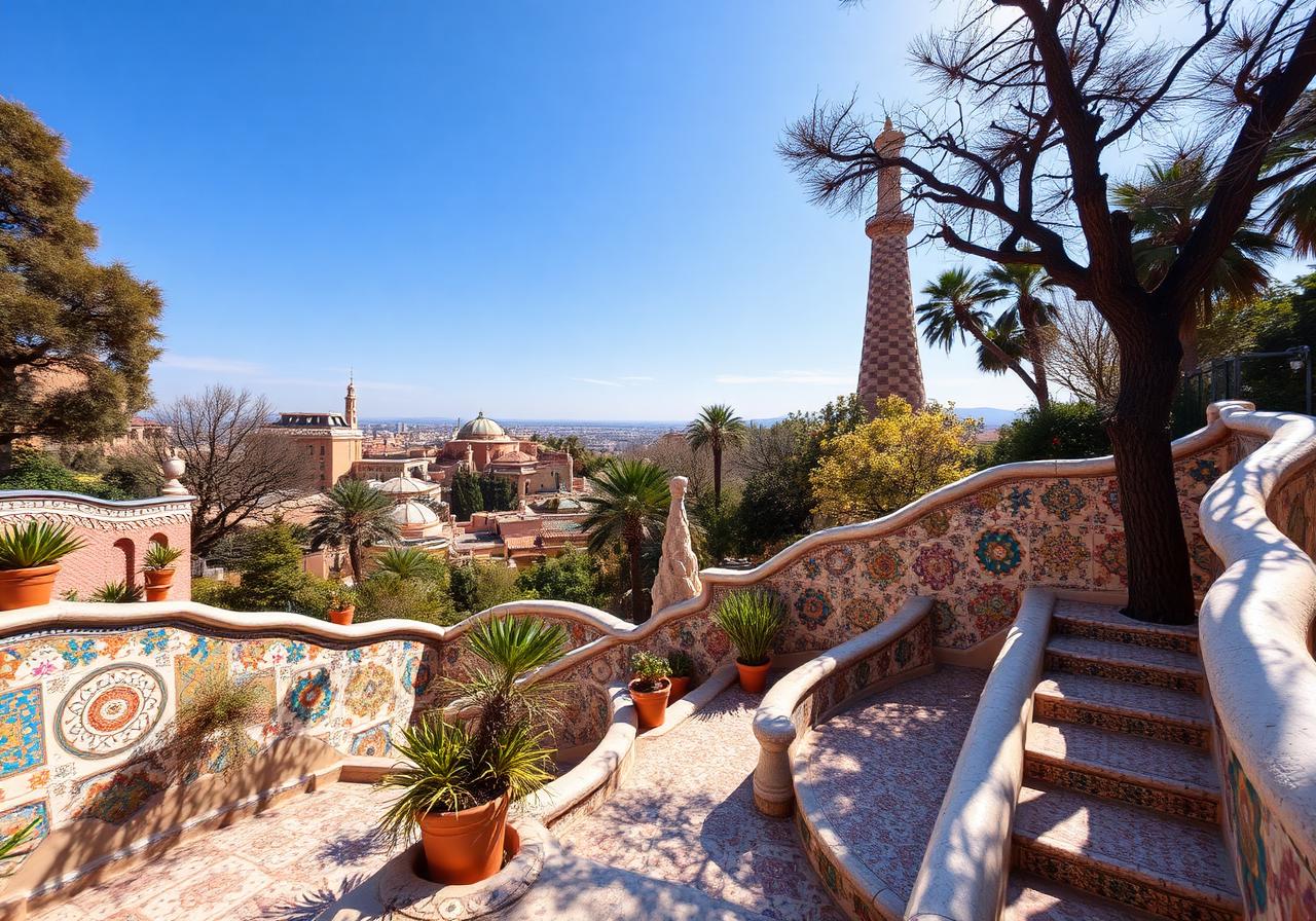 Mosaic tiled terrace at Park Güell overlooking Barcelona