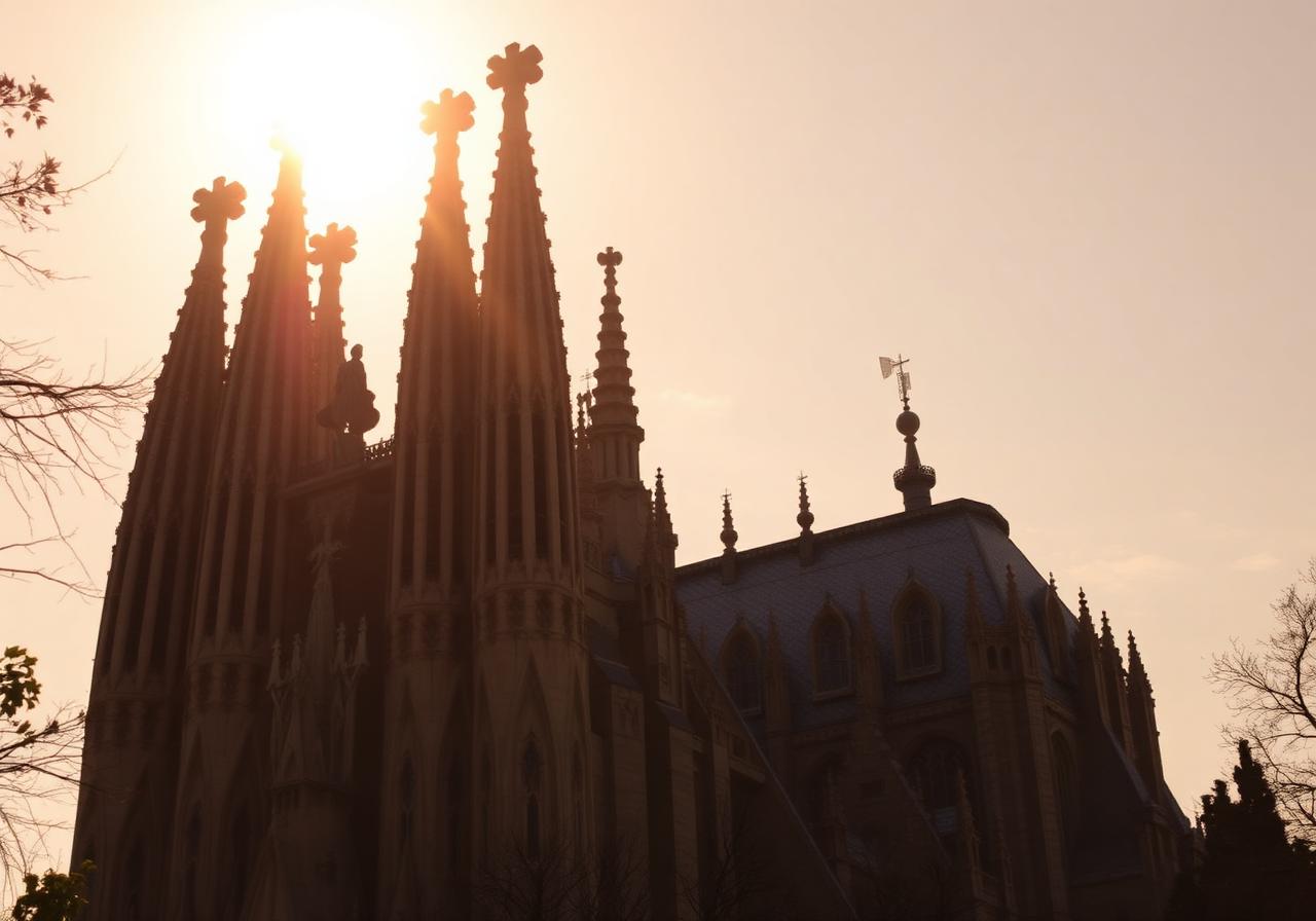 Sagrada Família at golden hour with sunlight catching the spires