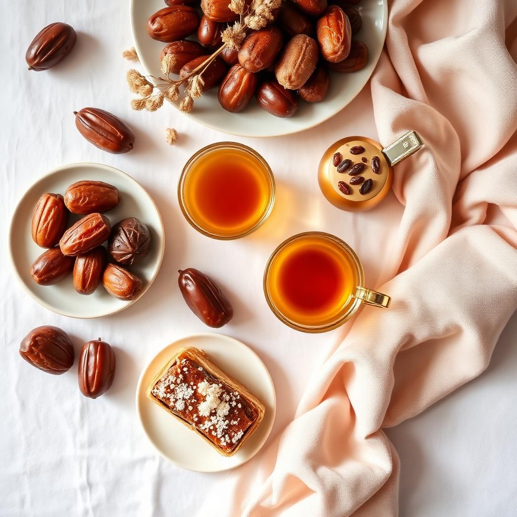 Emirati breakfast with dates, saffron tea and baklava