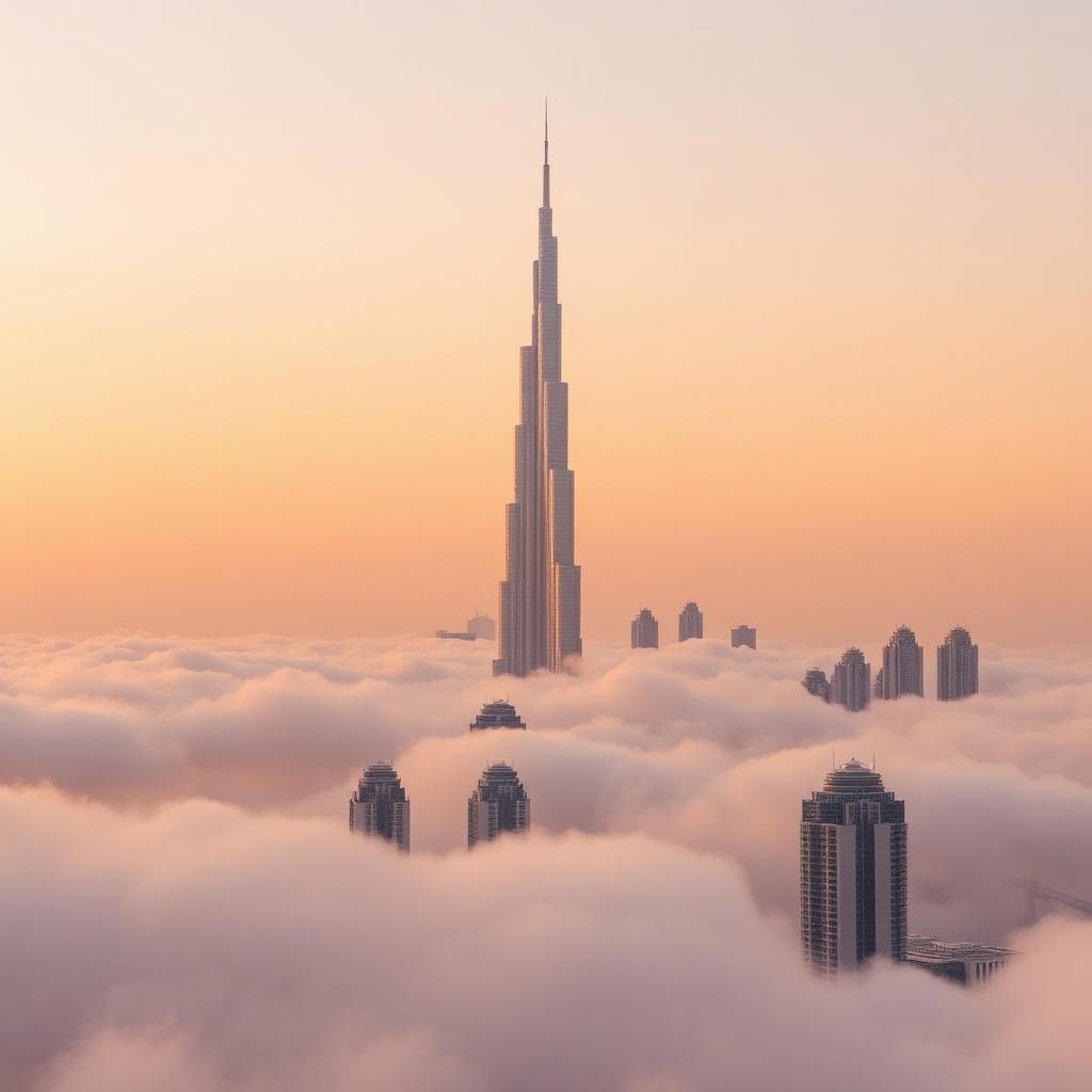 Burj Khalifa rising above golden hour clouds
