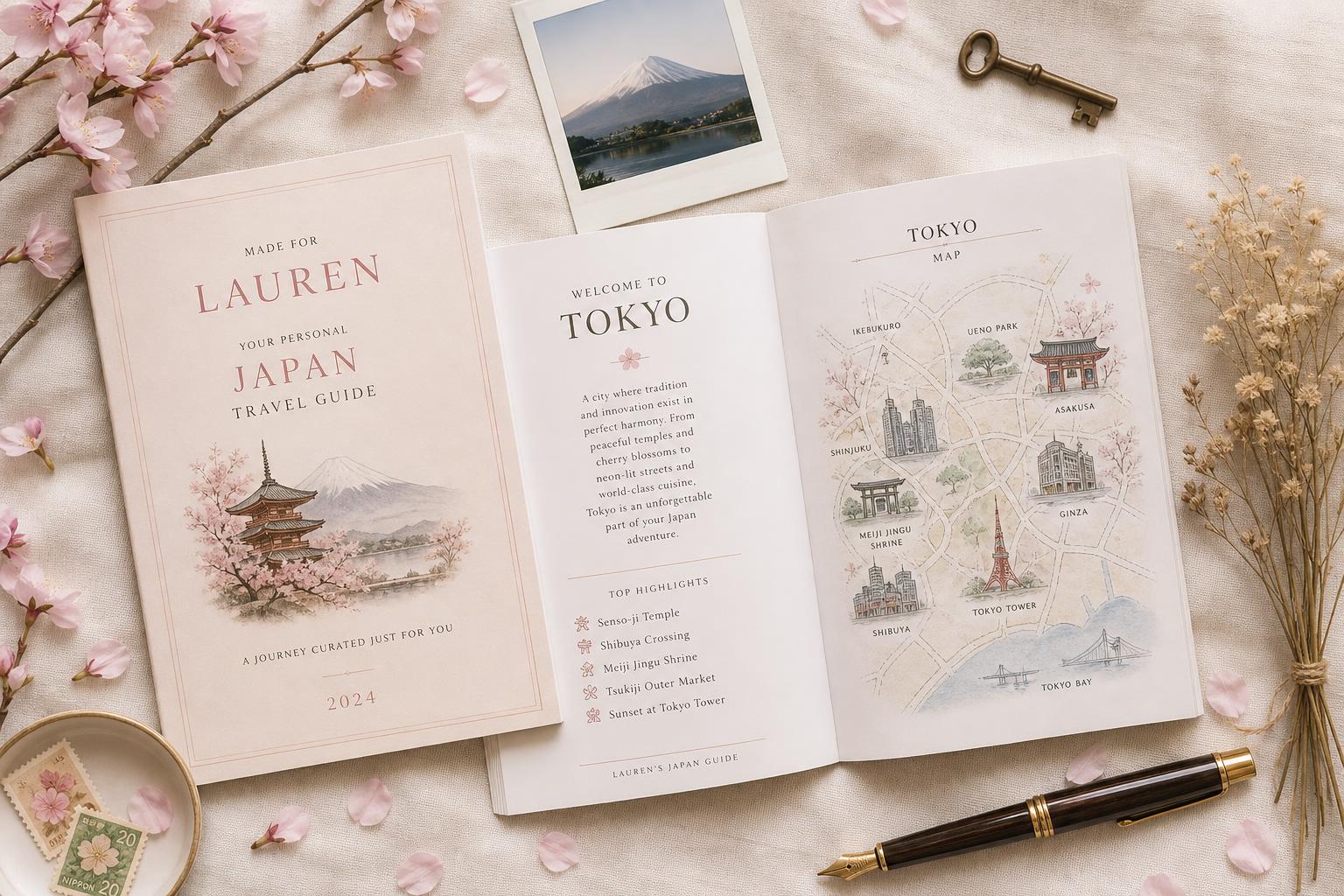 A flat-lay of the personalised Japan travel guide