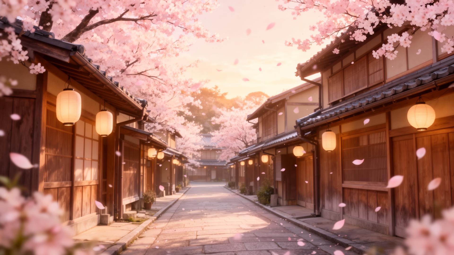 Kyoto cherry blossom street at golden hour