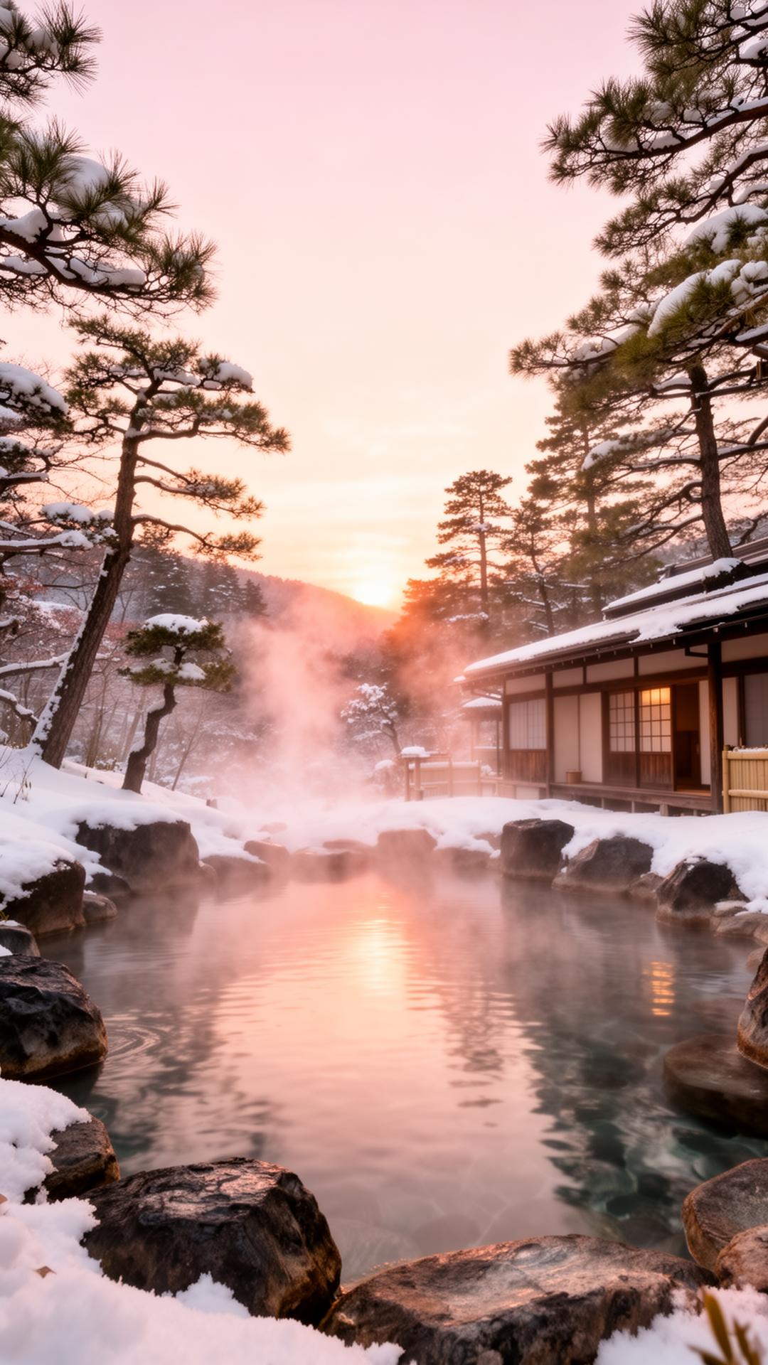 Snowy outdoor onsen at sunrise