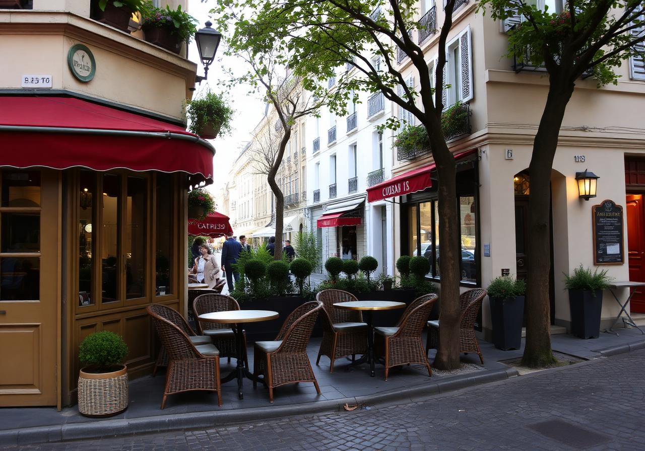 Charming Parisian cafe with red awning and wicker chairs