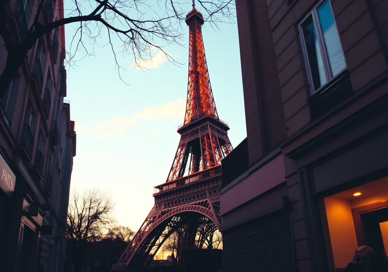Eiffel Tower at golden hour seen from a Parisian street