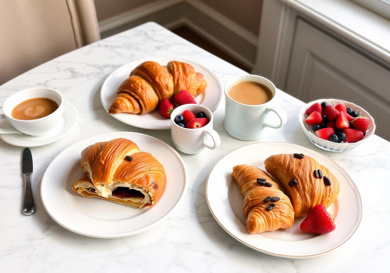 Fresh croissants, pain au chocolat and cafe au lait on marble