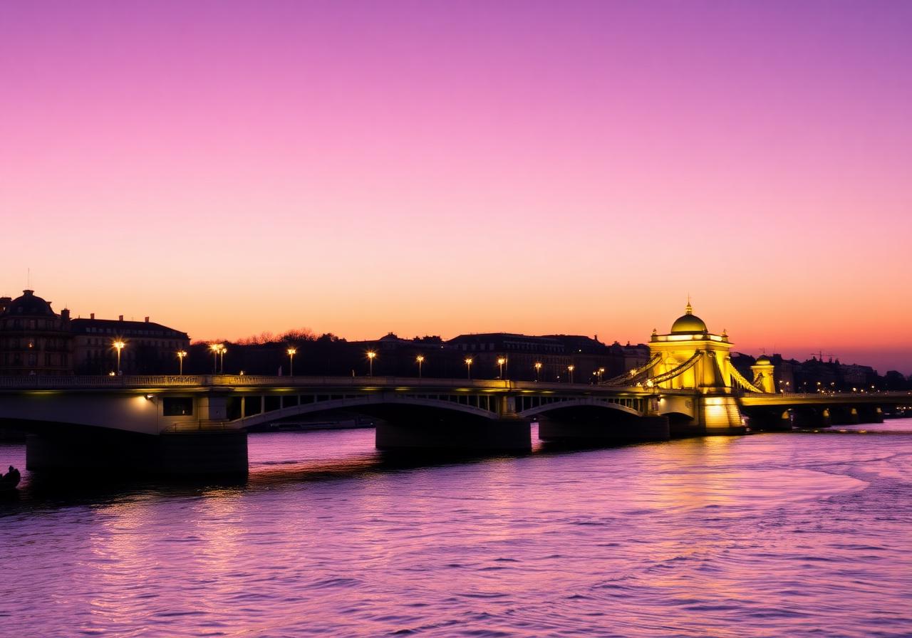 Seine river at twilight with bridge lights