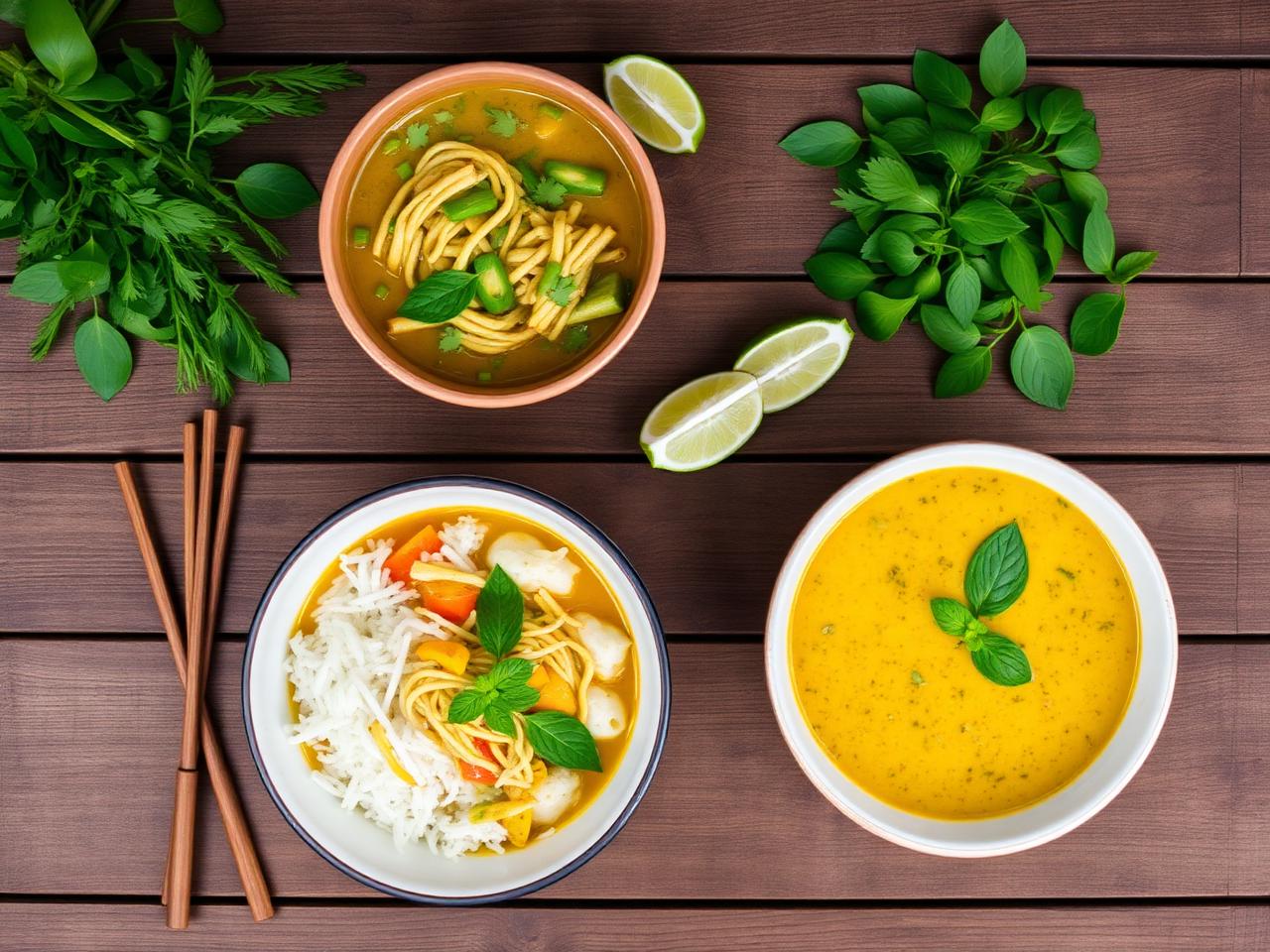 Bowls of pad thai, green curry and rice with fresh herbs