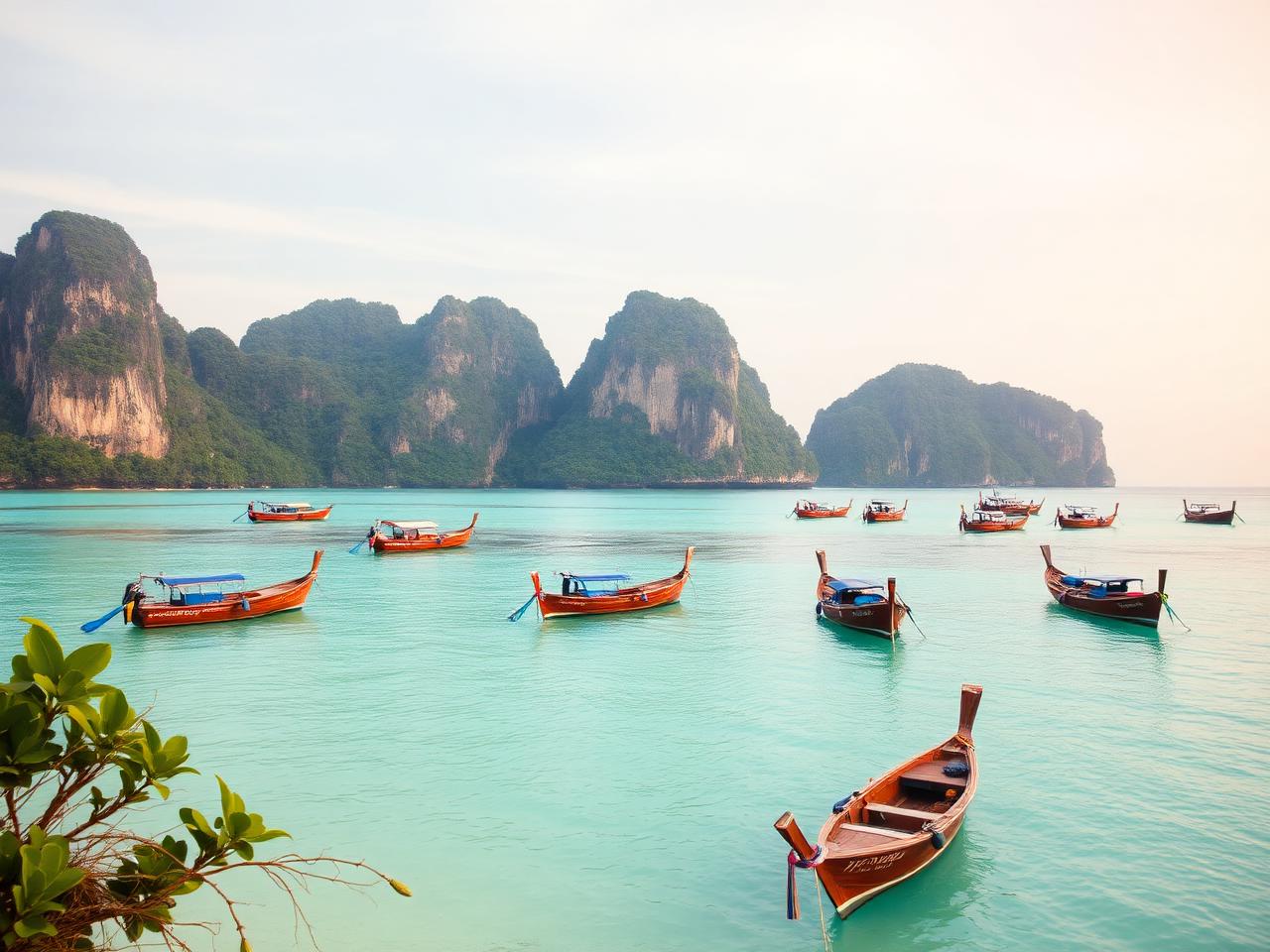 Long-tail boats on turquoise water by limestone cliffs