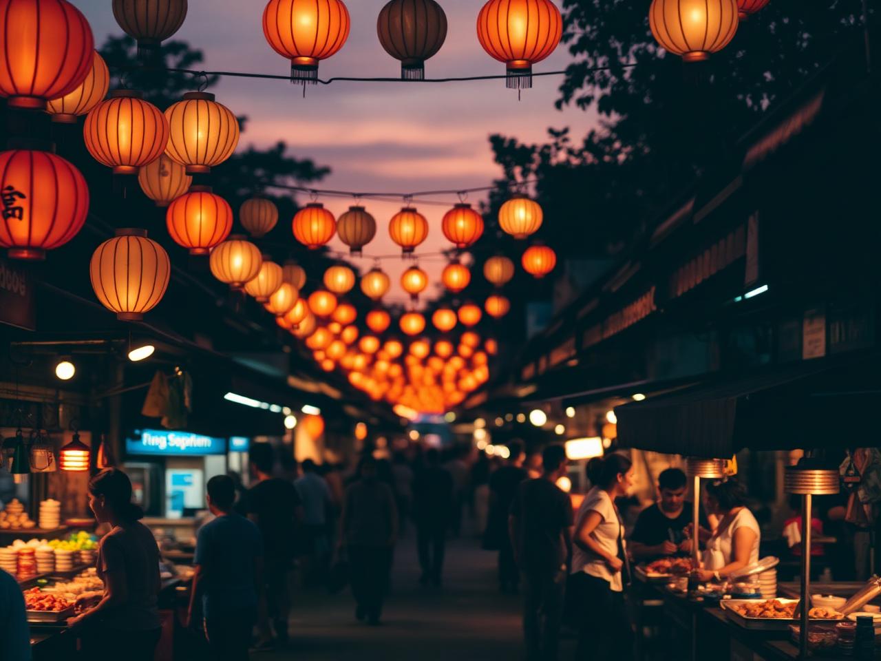 Night market with glowing paper lanterns